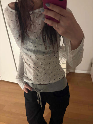 Minimal Dot Boat Neck Layered Slim Long Sleeve T-shirt