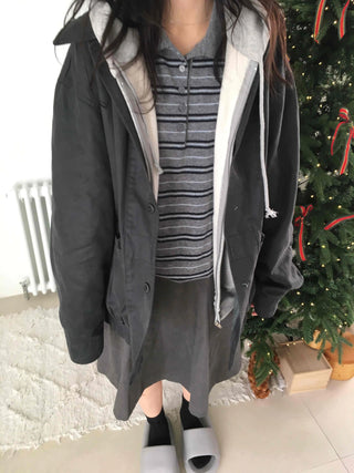 Hooded Layered Loose Fit Short Padded Jacket