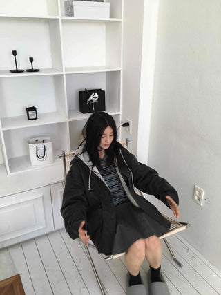 Hooded Layered Loose Fit Short Padded Jacket