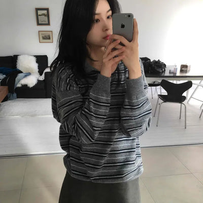 Shirred Sleeve Horizontal Stripe Round Long Sleeve Knit T-shirt