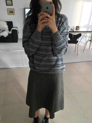 Shirred Sleeve Horizontal Stripe Round Long Sleeve Knit T-shirt