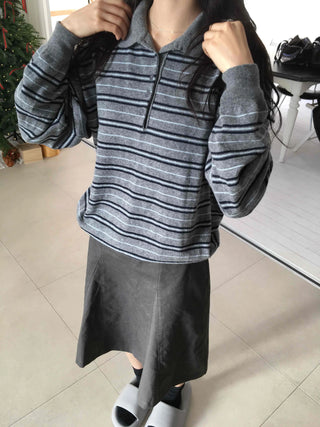 Shirred Sleeve Horizontal Stripe Round Long Sleeve Knit T-shirt