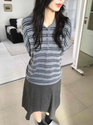 Shirred Sleeve Horizontal Stripe Round Long Sleeve Knit T-shirt