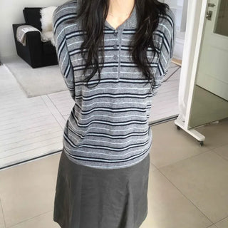 Shirred Sleeve Horizontal Stripe Round Long Sleeve Knit T-shirt