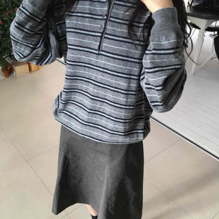 Shirred Sleeve Horizontal Stripe Round Long Sleeve Knit T-shirt