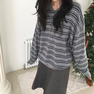 Shirred Sleeve Horizontal Stripe Round Long Sleeve Knit T-shirt