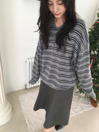 Shirred Sleeve Horizontal Stripe Round Long Sleeve Knit T-shirt