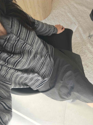 Shirred Sleeve Horizontal Stripe Round Long Sleeve Knit T-shirt