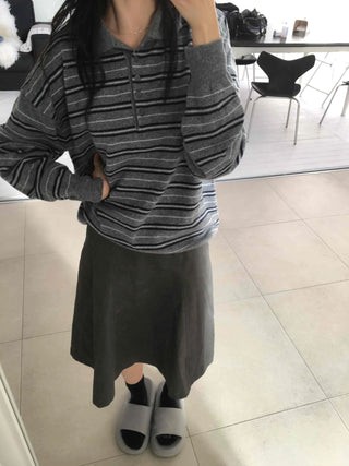 Shirred Sleeve Horizontal Stripe Round Long Sleeve Knit T-shirt