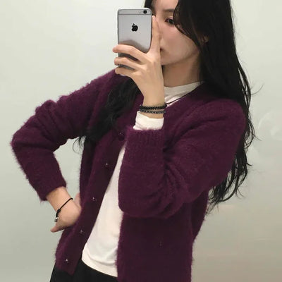 Fuzzy Texture Button Sweat Crewneck Cardigan