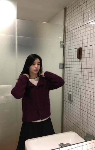 Fuzzy Texture Button Sweat Crewneck Cardigan