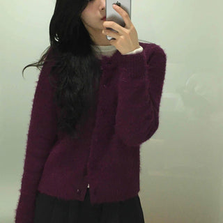 Fuzzy Texture Button Sweat Crewneck Cardigan