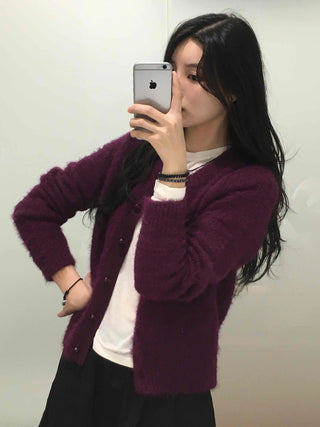 Fuzzy Texture Button Sweat Crewneck Cardigan