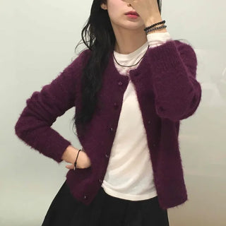 Fuzzy Texture Button Sweat Crewneck Cardigan