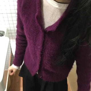 Fuzzy Texture Button Sweat Crewneck Cardigan