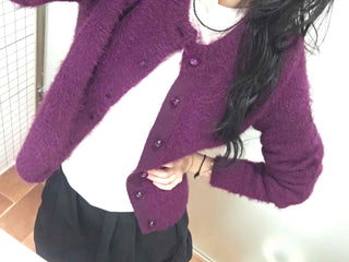 Fuzzy Texture Button Sweat Crewneck Cardigan