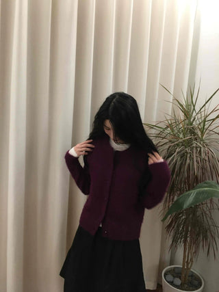 Fuzzy Texture Button Sweat Crewneck Cardigan