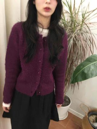 Fuzzy Texture Button Sweat Crewneck Cardigan