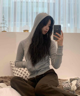 Soft Homewear Half Hoodie Raglan Elastic Zip-up