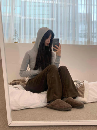 Soft Homewear Half Hoodie Raglan Elastic Zip-up