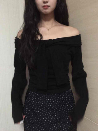 Chic Off-Shoulder Neck Loose Fit Long Sleeve T-Shirt
