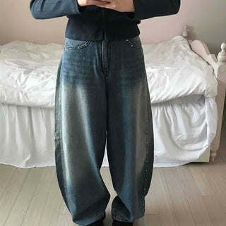 Vintage Washed Side Stud Balloon Denim Pants