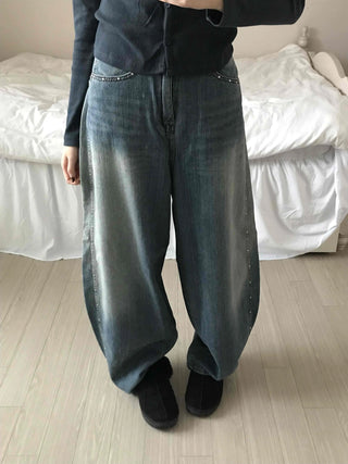 Vintage Washed Side Stud Balloon Denim Pants