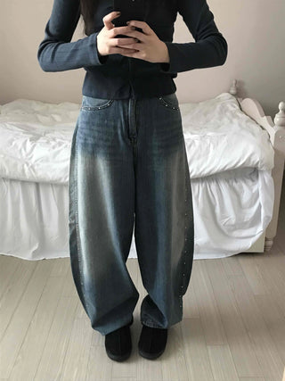 Vintage Washed Side Stud Balloon Denim Pants
