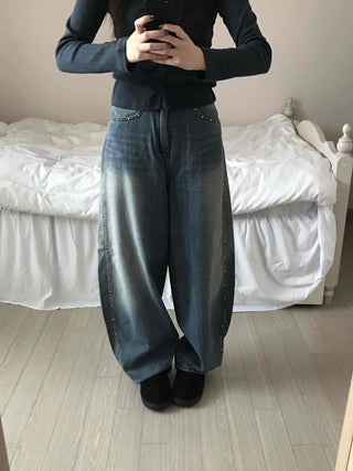 Vintage Washed Side Stud Balloon Denim Pants