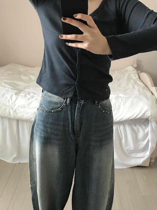 Vintage Washed Side Stud Balloon Denim Pants