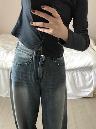 Vintage Washed Side Stud Balloon Denim Pants