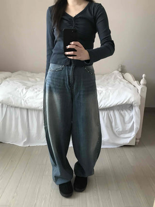 Vintage Washed Side Stud Balloon Denim Pants