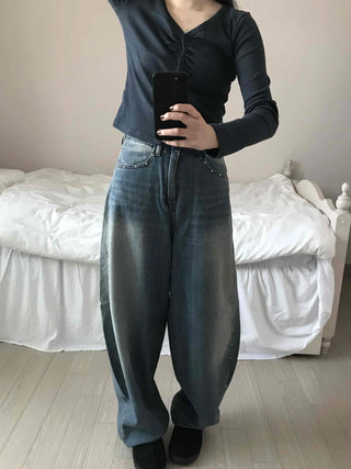 Vintage Washed Side Stud Balloon Denim Pants