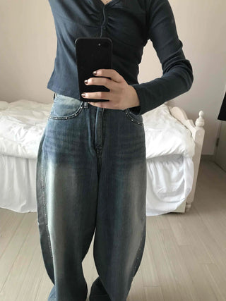 Vintage Washed Side Stud Balloon Denim Pants