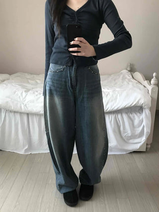 Vintage Washed Side Stud Balloon Denim Pants