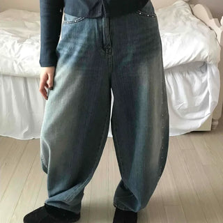 Vintage Washed Side Stud Balloon Denim Pants