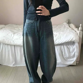 Vintage Washed Side Stud Balloon Denim Pants