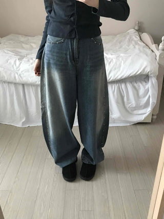 Vintage Washed Side Stud Balloon Denim Pants