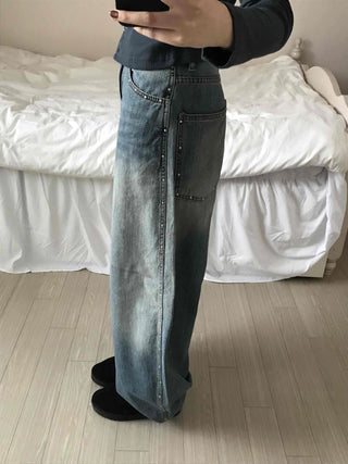 Vintage Washed Side Stud Balloon Denim Pants