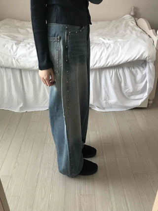 Vintage Washed Side Stud Balloon Denim Pants