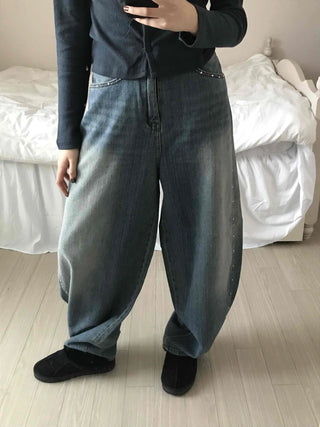 Vintage Washed Side Stud Balloon Denim Pants