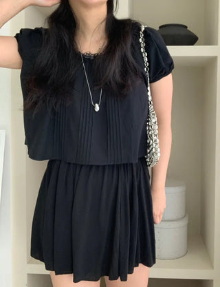 Belle Pintuck Lace Short Sleeve Crop Blouse