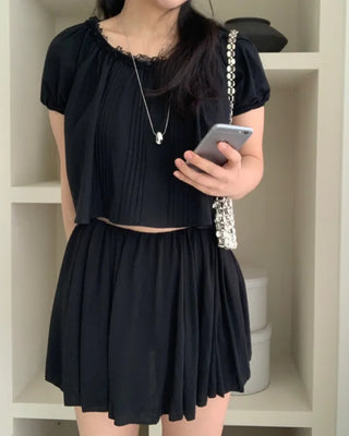 Belle Pintuck Lace Short Sleeve Crop Blouse