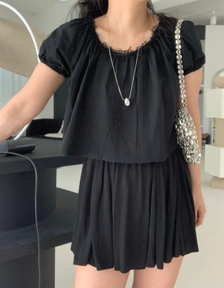 Belle Pintuck Lace Short Sleeve Crop Blouse
