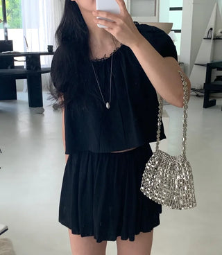 Belle Pintuck Lace Short Sleeve Crop Blouse