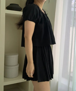 Belle Pintuck Lace Short Sleeve Crop Blouse