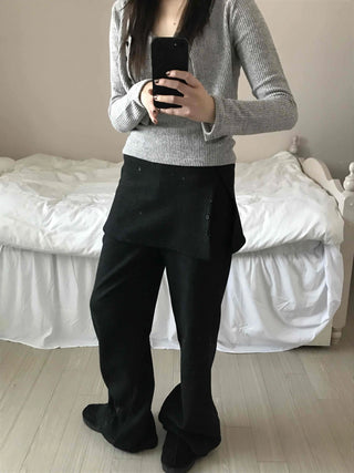 Minimal Wrap Skirt Layered Bootcut Long Pants