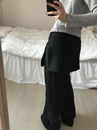 Minimal Wrap Skirt Layered Bootcut Long Pants