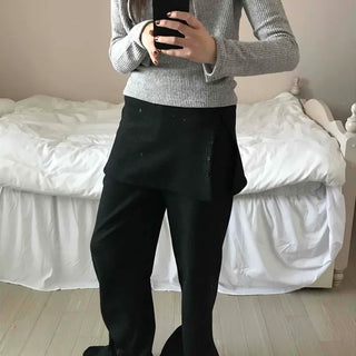 Minimal Wrap Skirt Layered Bootcut Long Pants