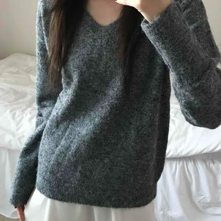 Fluffy Texture Sleeve Button V-Neck Loose Fit Knit